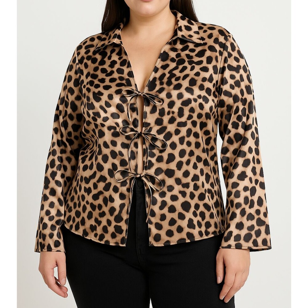 Cider Leopard Print Tie Front Blouse Women’s‎ 1XL Long Sleeve Satin Look Top